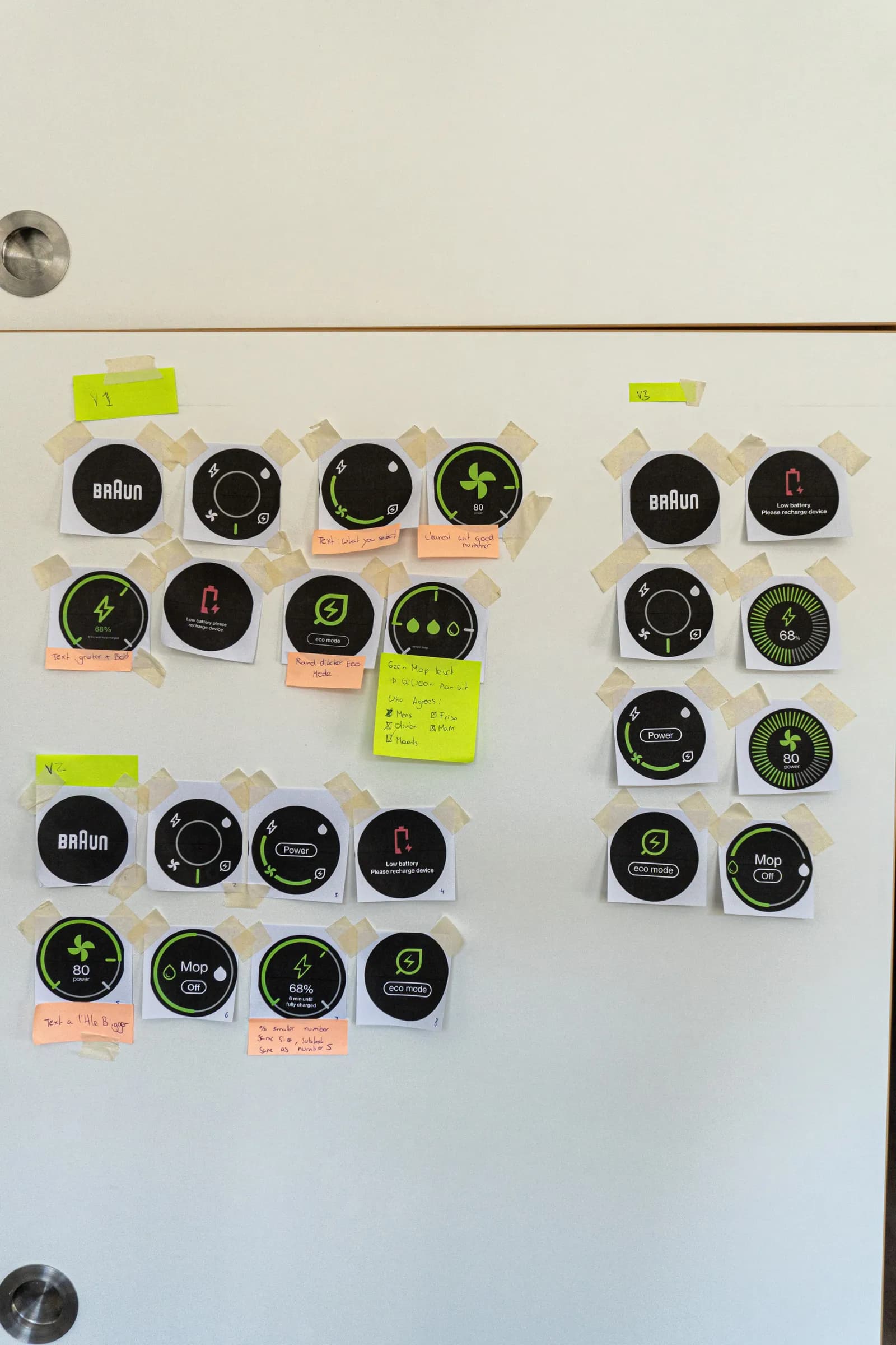 Wall of printed 1:1 interface options with sticky-note feedback