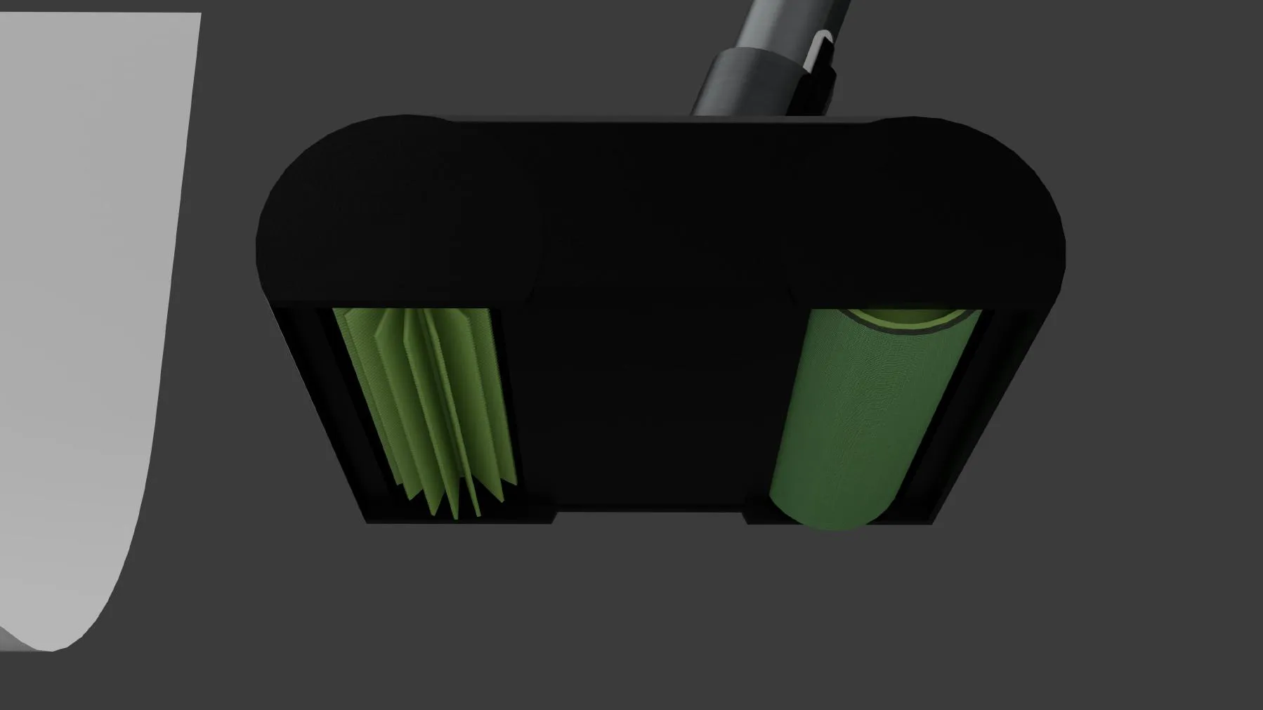 Underside of the cleaning head with green mop rollers
