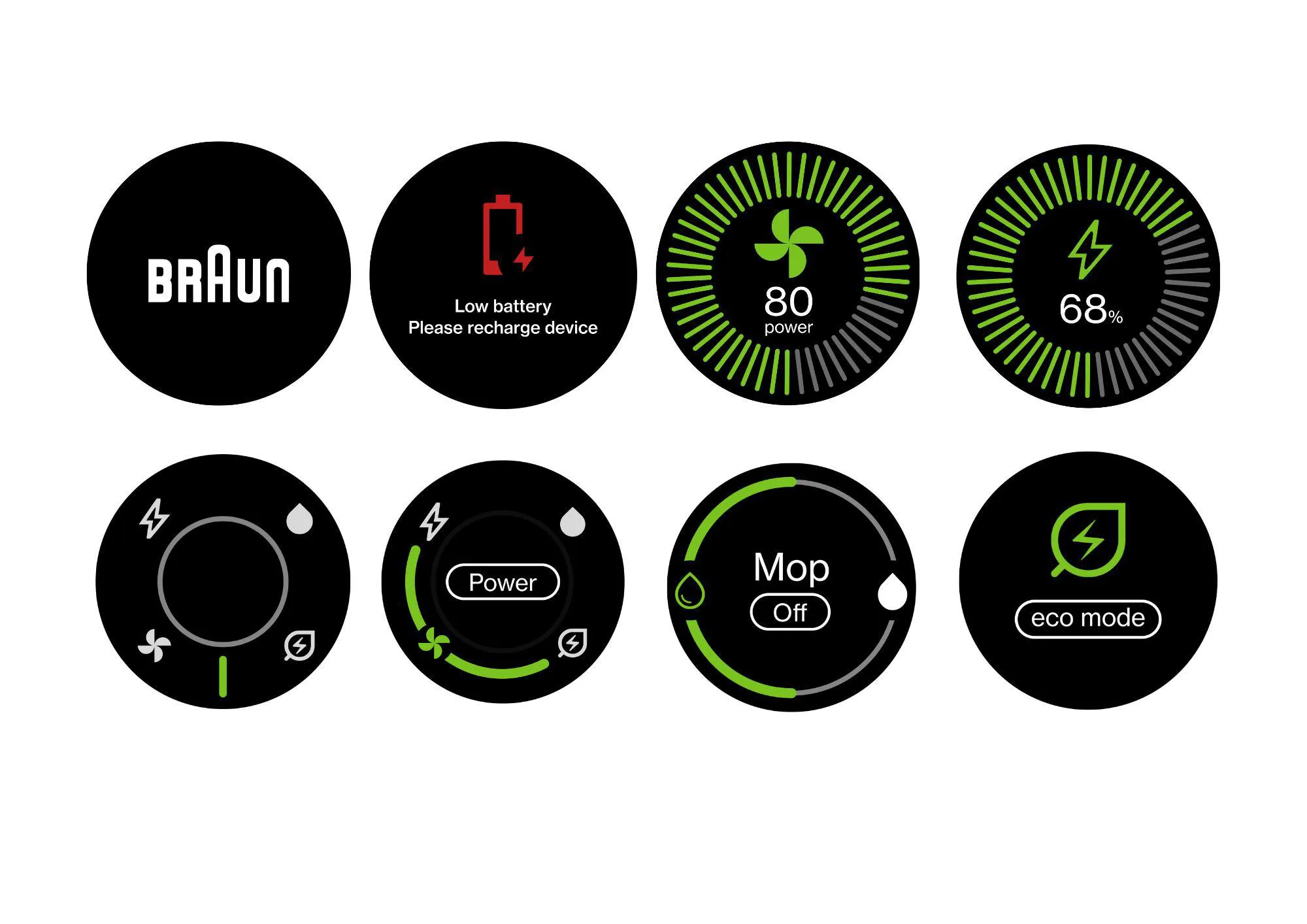 Final UI screens: start-up, low battery, power 80, battery 68%, controls, power, mop off, eco mode