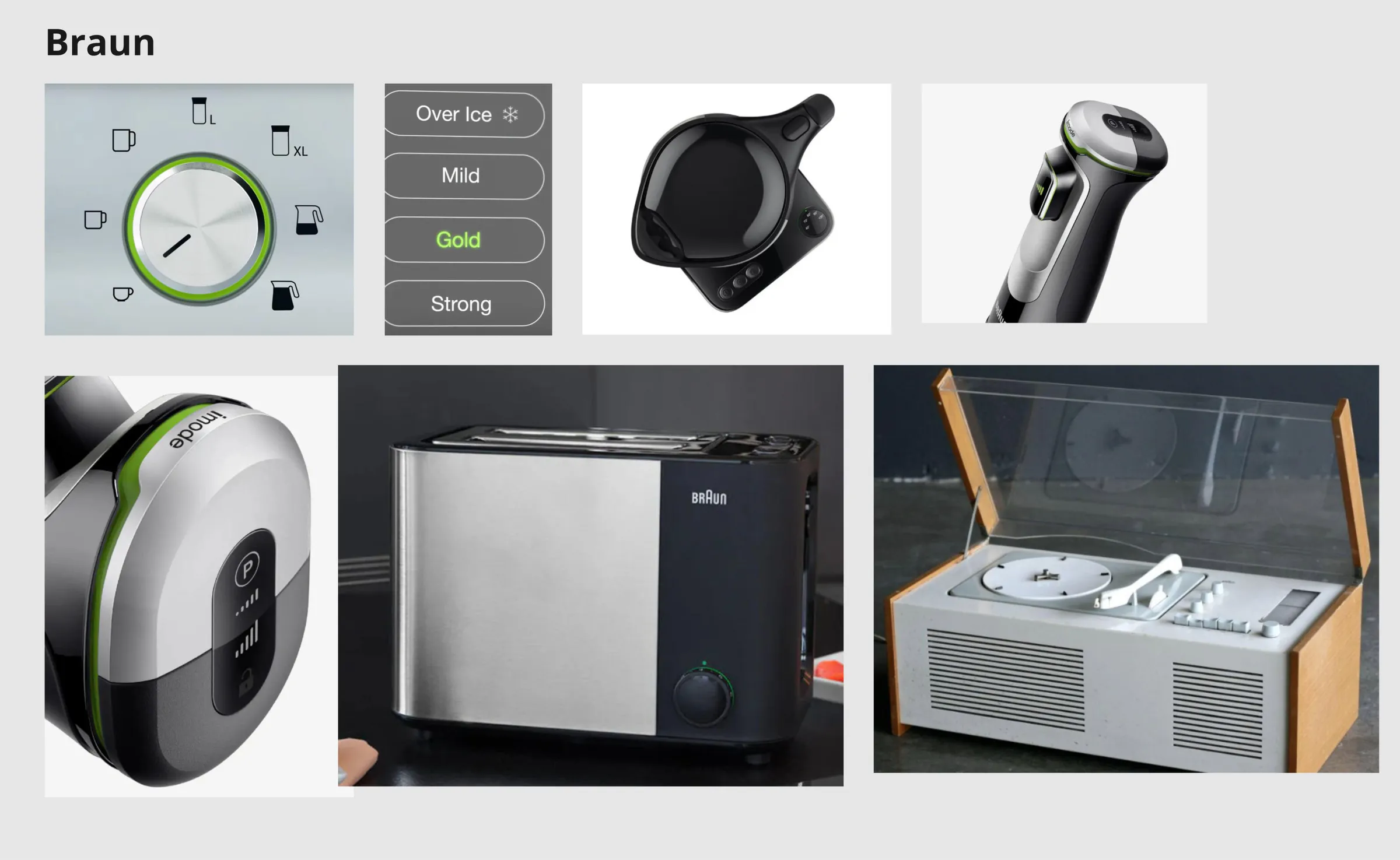 UX moodboard of Braun interfaces, dials and appliances