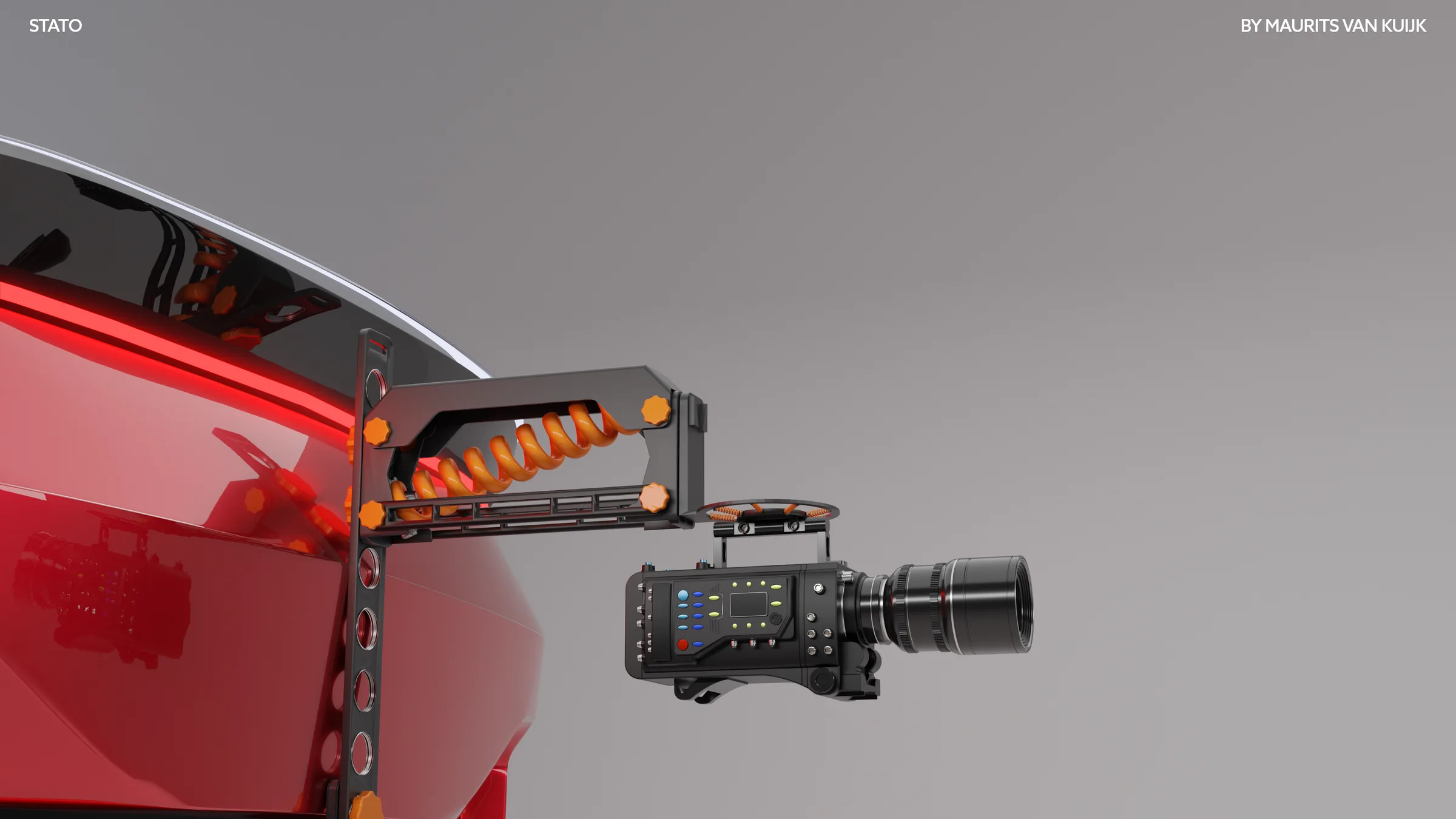 Render of the STATO stabilizer arm holding a cinema camera off the back of a red car