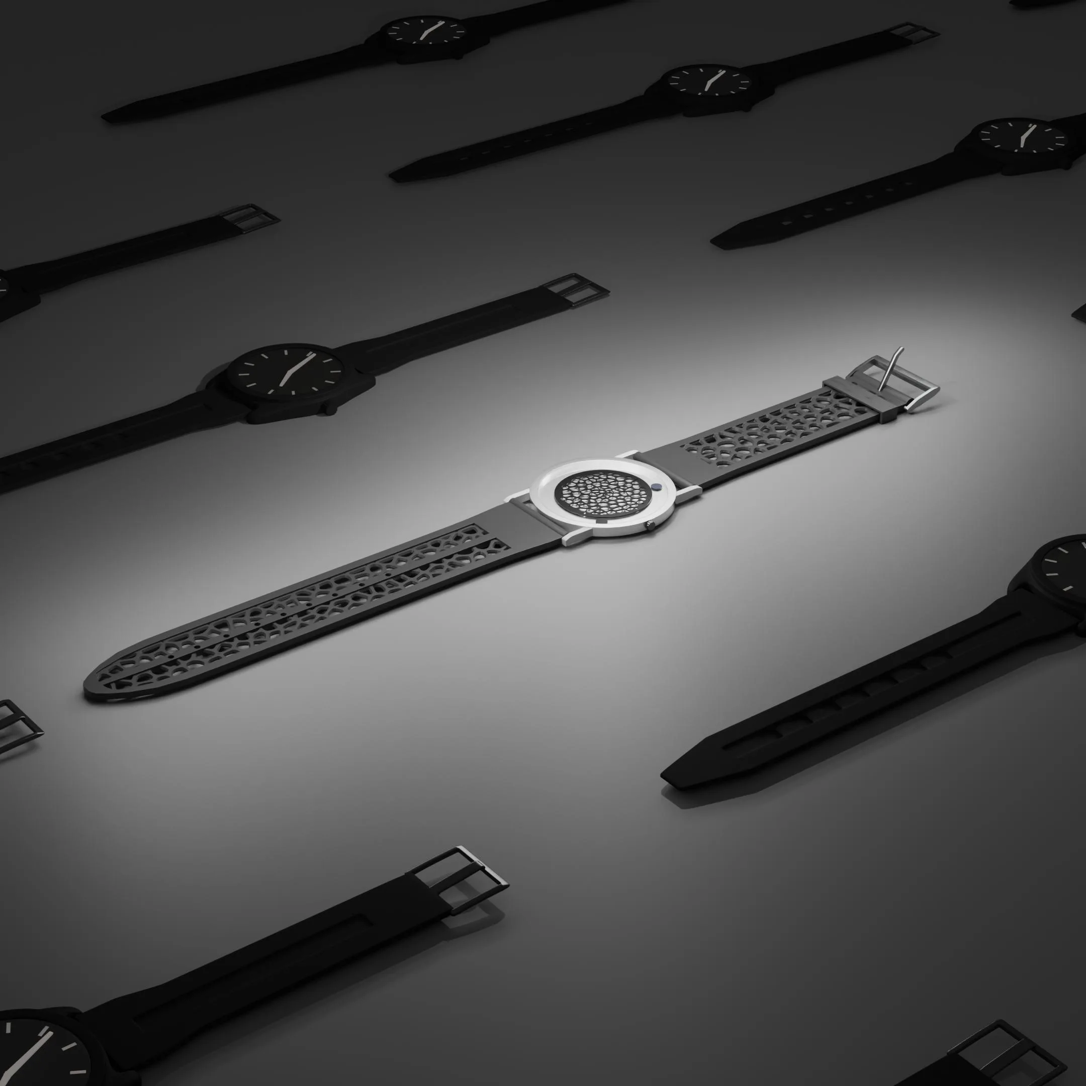Rows of Descartes watches on a dark surface, one highlighted in the centre