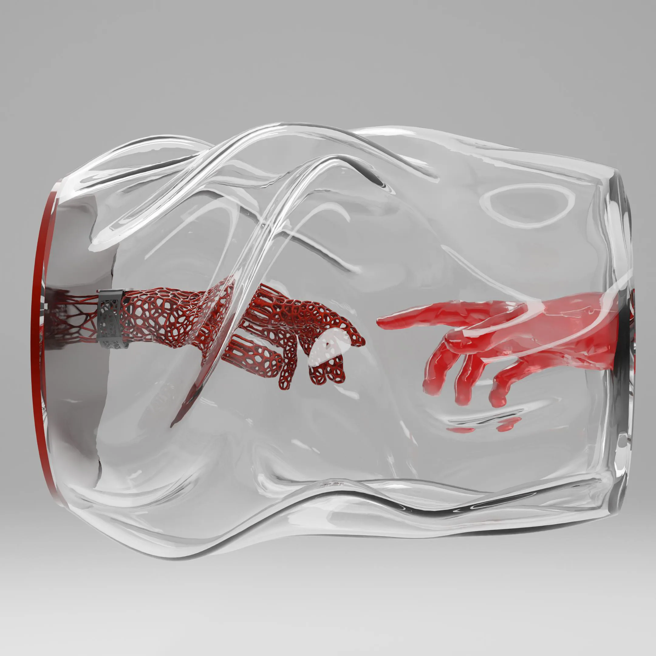 Glass case with both hands inside, the watch on Adam's wrist