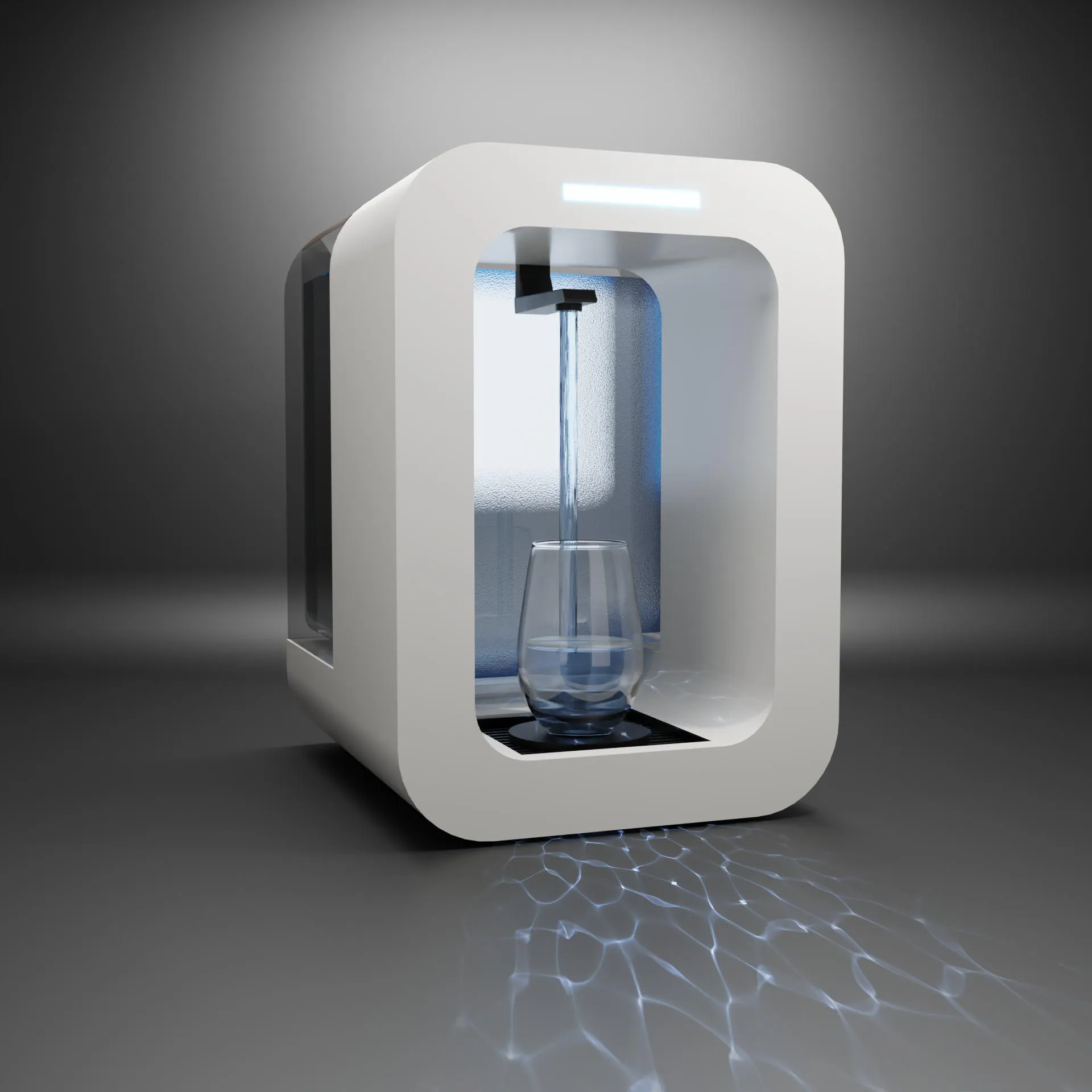 Render of the white countertop dispenser casting light patterns