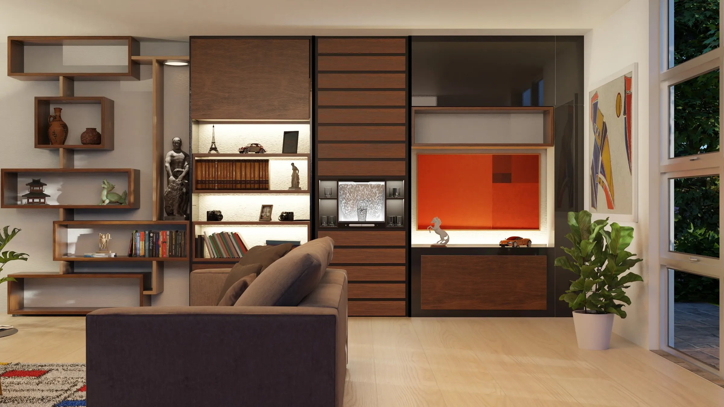 Final render of the living room with Hydrop built into the wall unit