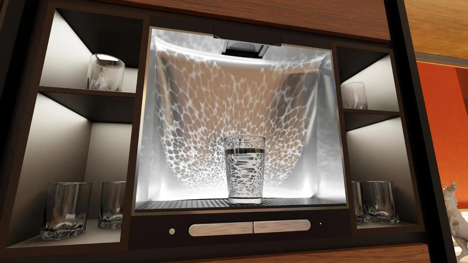Close-up of the glowing water compartment with glasses