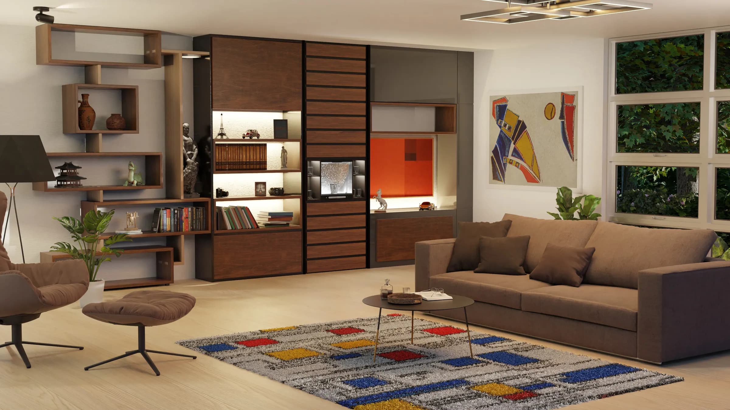 Living room render with the hydration station built into a wooden wall unit