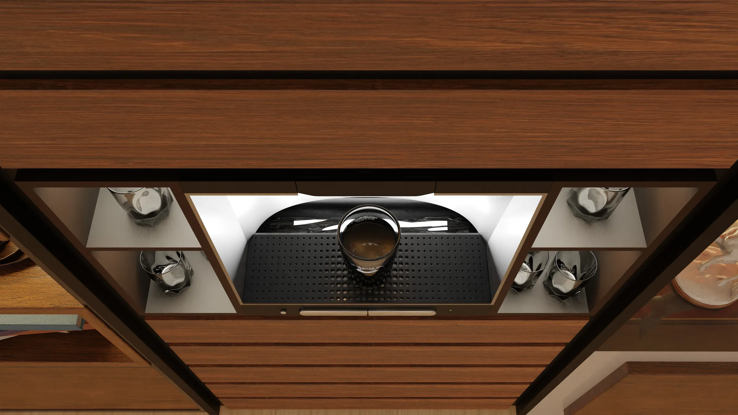 Top-down detail of the station's lit compartment