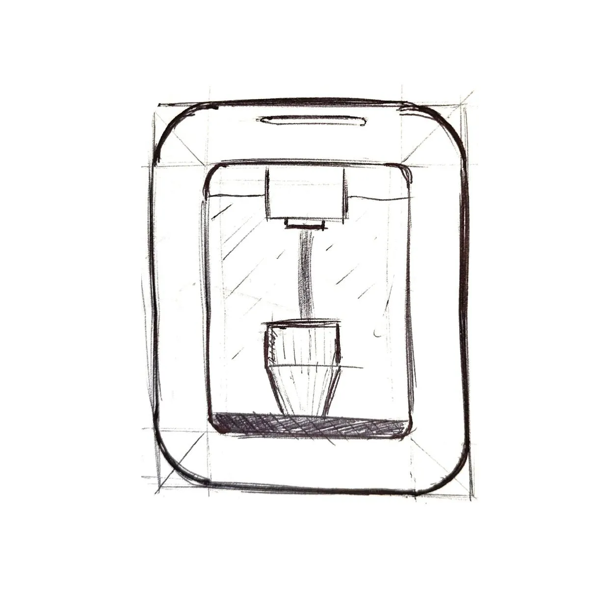 Front sketch of the dispenser with a glass under the spout