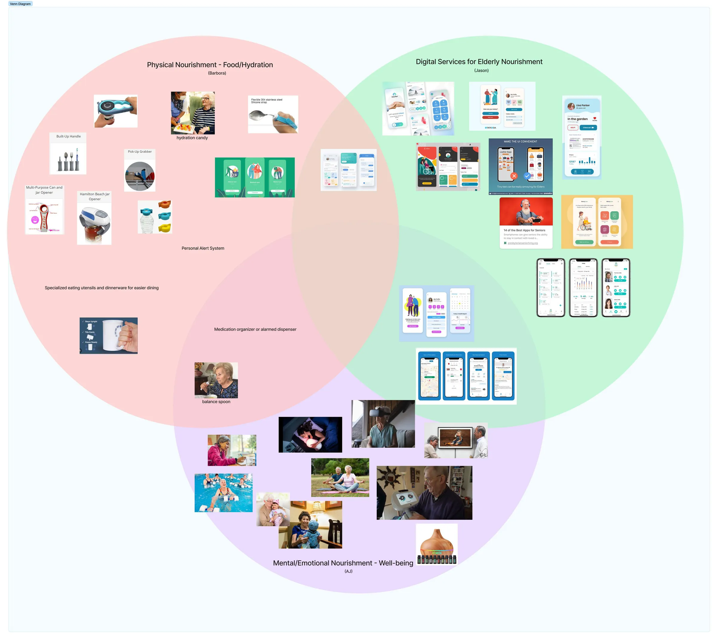 Research board: the three focus areas as overlapping circles filled with product and service examples