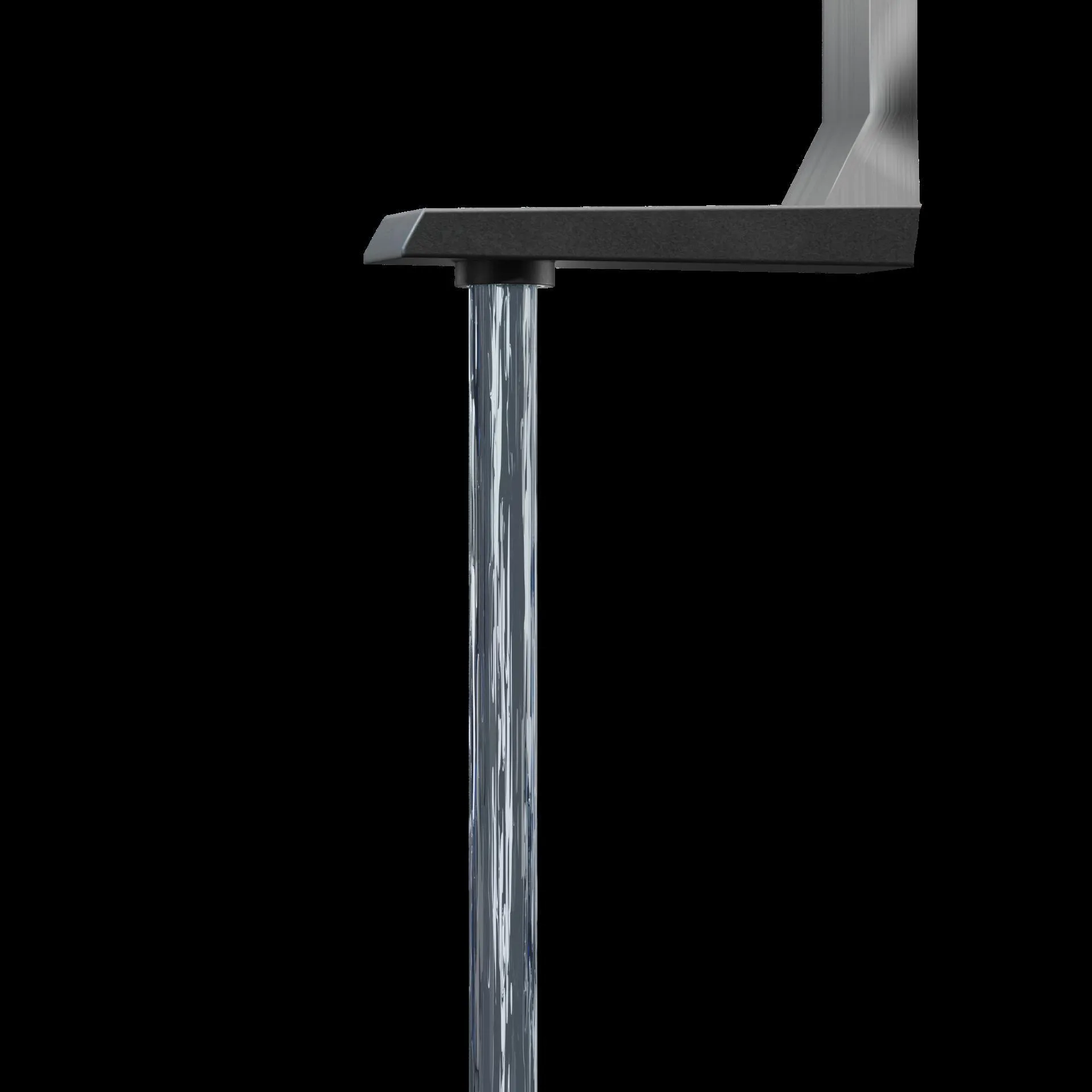 A thin stream of water pouring from a tap against black