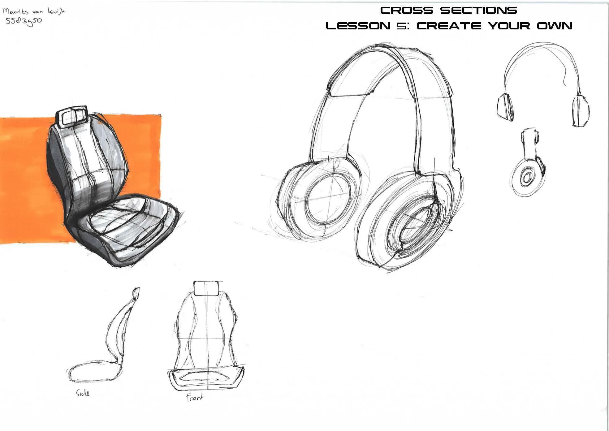 Cross-section studies of a car seat and headphones