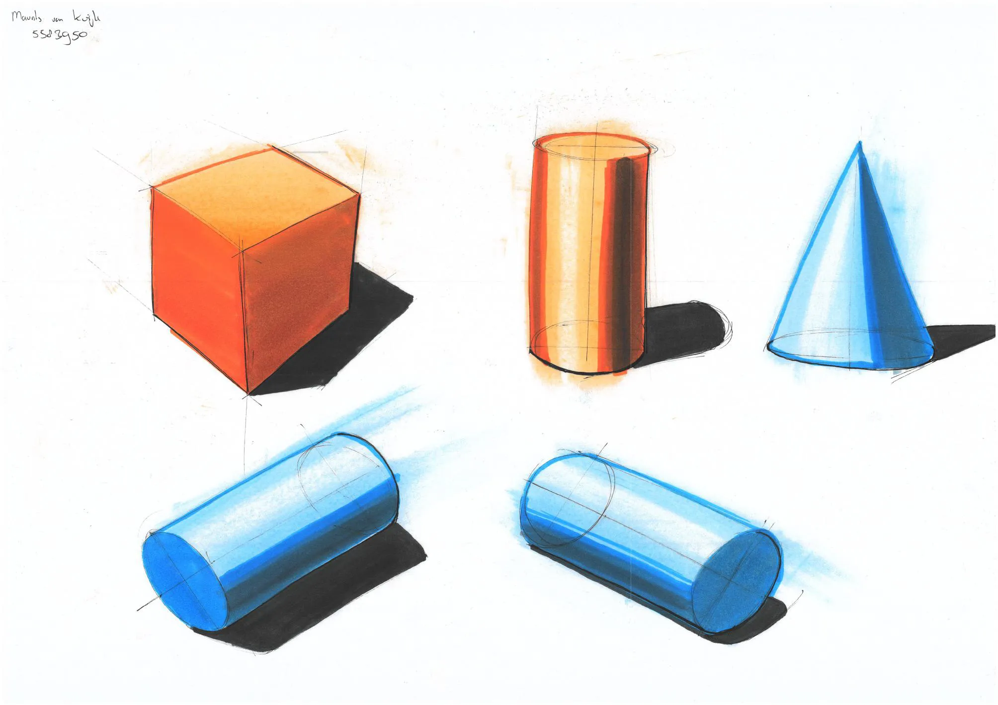 Marker-rendered cube, cylinder, cone and tubes in orange and blue