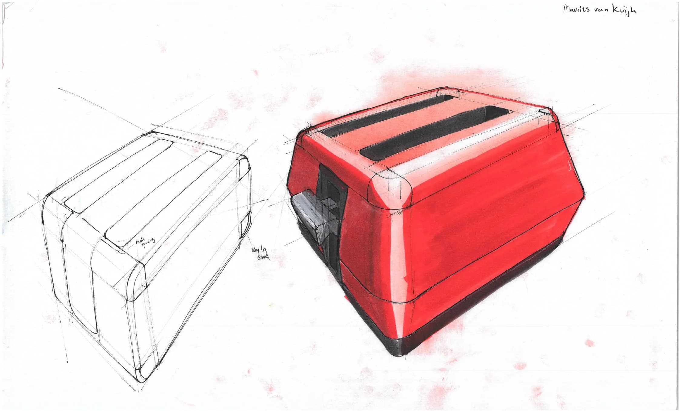 Toaster sketched in construction lines next to a red marker rendering