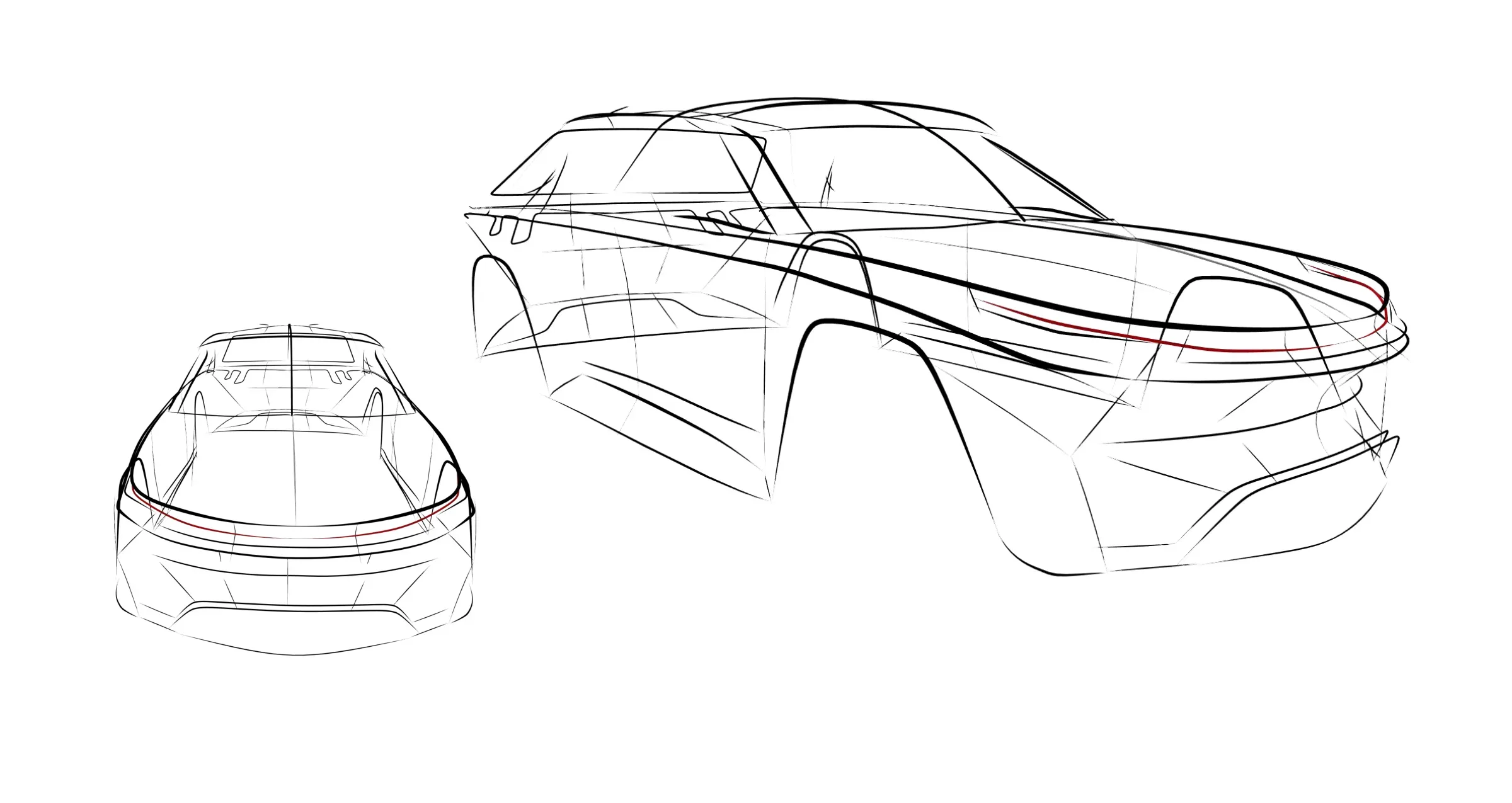 Gravity Sketch line drawings of the SUV from front and three-quarter views