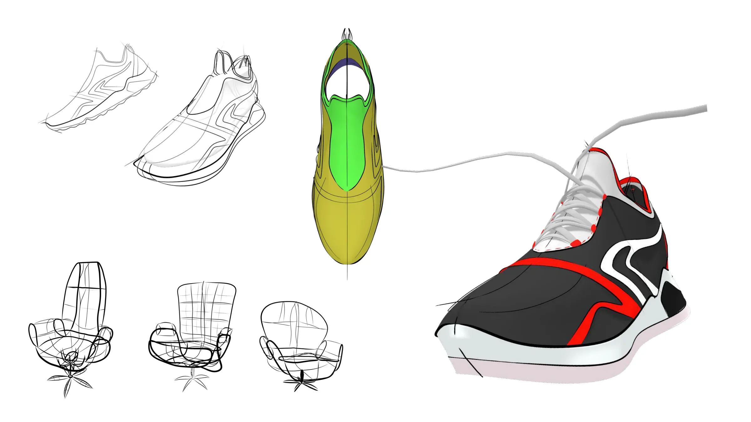 Gravity Sketch studies: sneaker line drawings, a coloured shoe, a rendered sneaker and three chairs