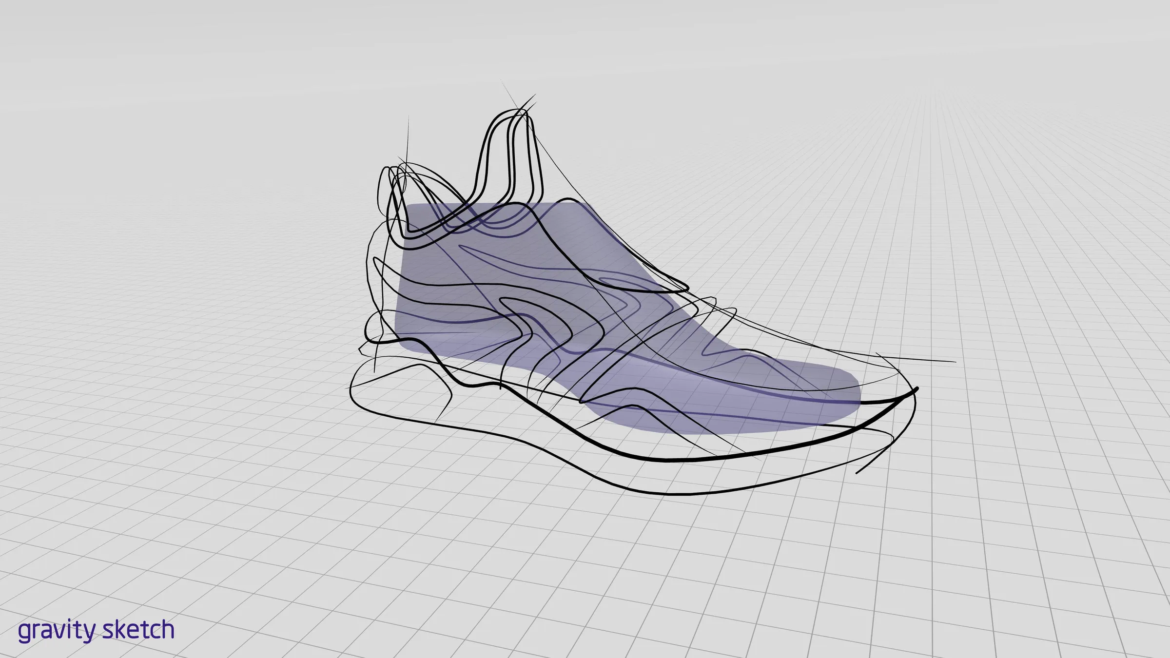 Gravity Sketch sneaker with purple surfaces over black 3D lines