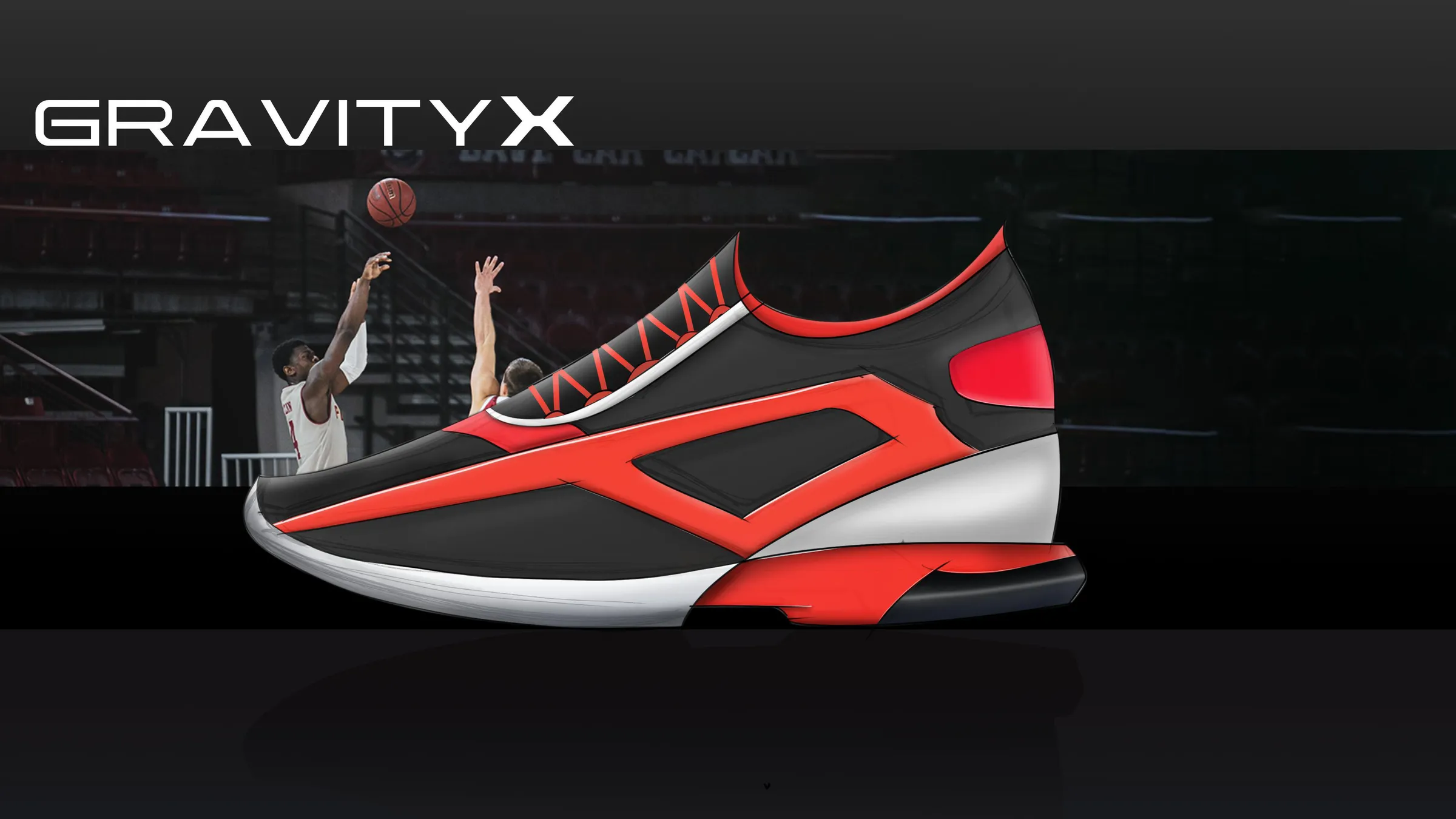 GravityX sneaker advert: a red and black shoe in front of a basketball player