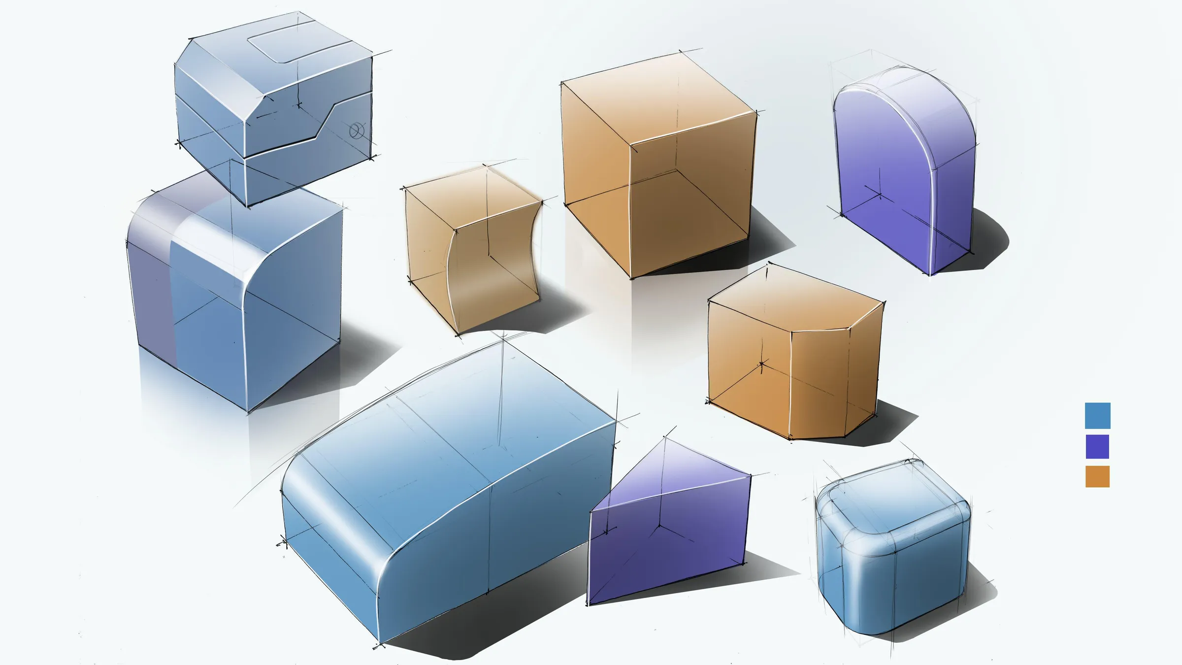 Photoshop-rendered blue, brown and purple primitive shapes