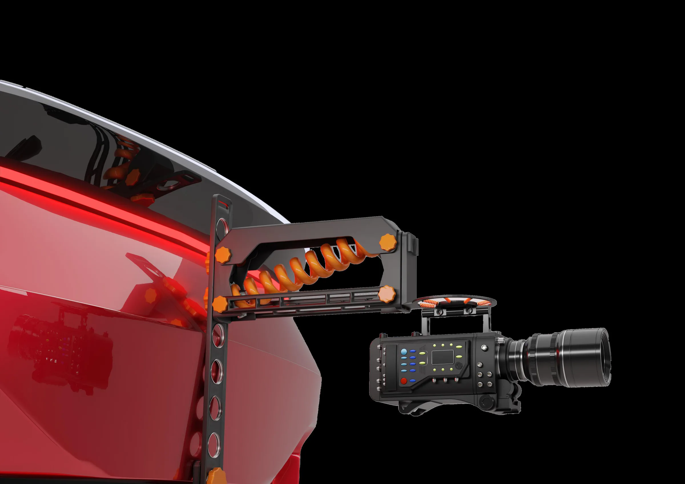 Close-up render of the STATO arm with orange spring and knobs on a red car