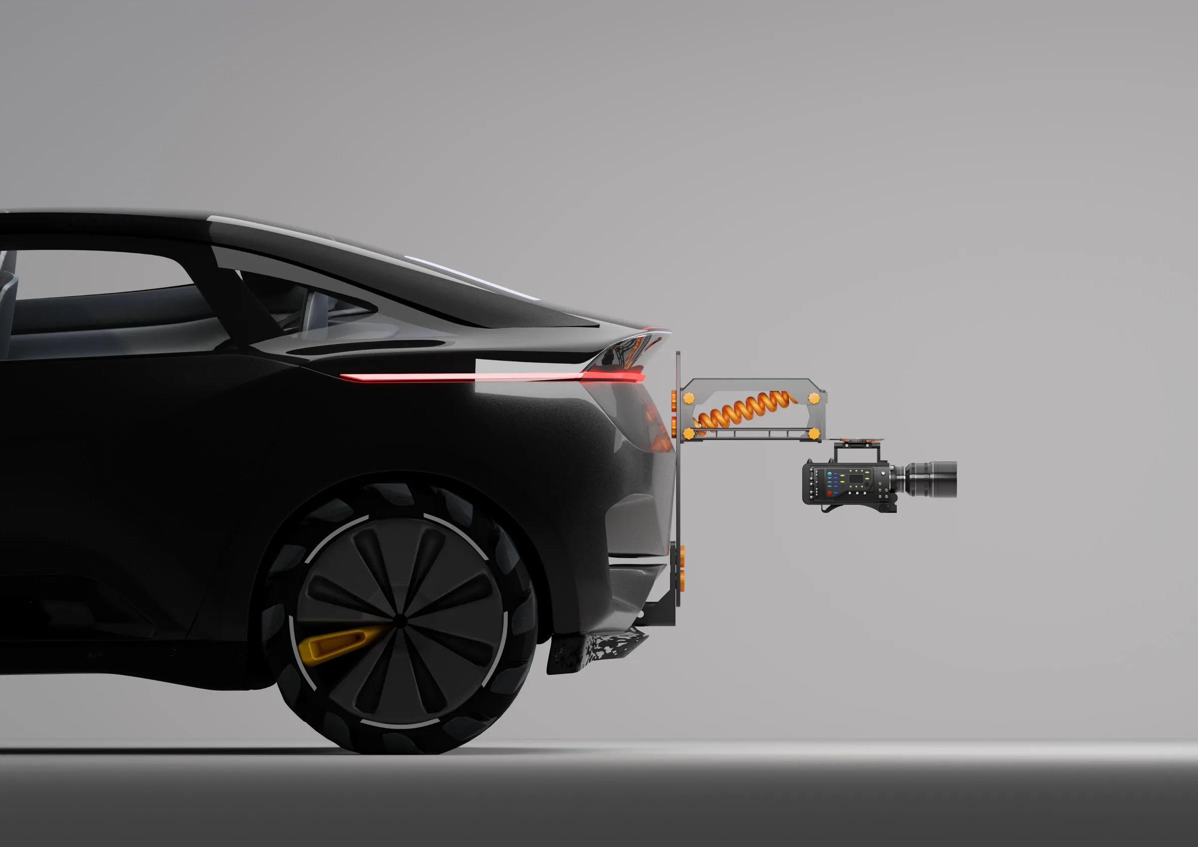 Final render: STATO mounted on the hitch of a dark SUV, camera pointing forward