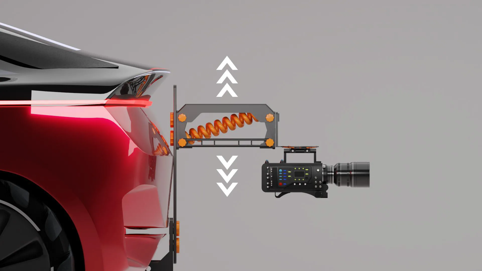 Render of the arm with arrows showing the spring absorbing vertical movement